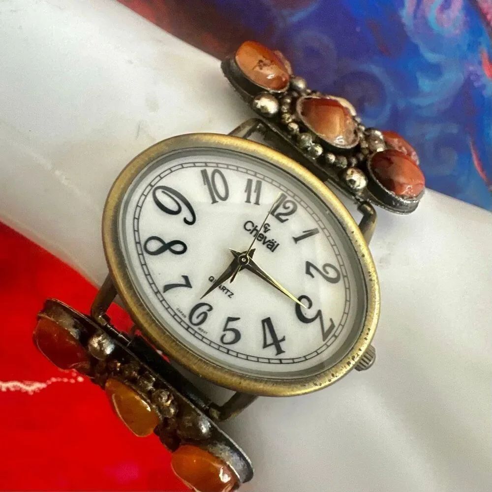 Vintage Cheval Quartz Agate Stone Cuff Watch